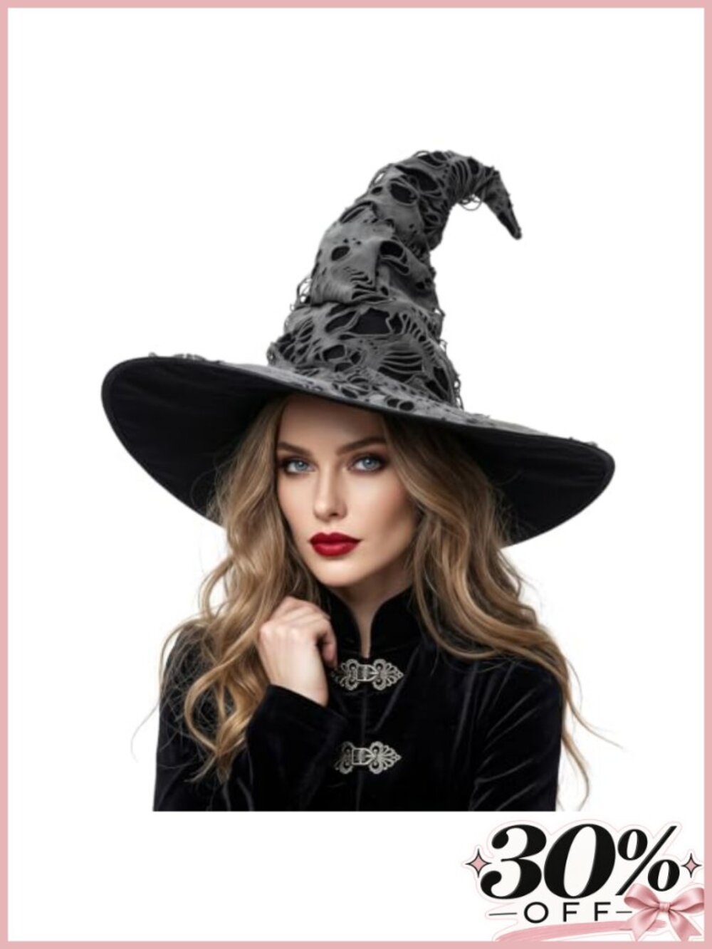 Gothic Witch Hat Distressed Lace Shapeable Pointed Crown Halloween Costume